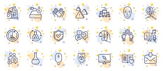 Outline set of Smartphone holding, Employees teamwork and Augmented reality line icons for web app. Include Face biometrics, Power bank, Chemistry lab pictogram icons. Incoming mail. Vector