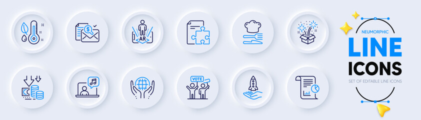 Report, Strategy and Fireworks line icons for web app. Pack of Deflation, Accounting report, Food pictogram icons. Crowdfunding, Augmented reality, Music signs. Thermometer. Neumorphic buttons. Vector