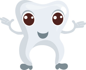 Cute organ character. Funny clean tooth with happy face and hands. Stomatology mascot. Healthy molar. Dentists care. Oral hygiene. Dentistry treatment. Vector isolated dental element