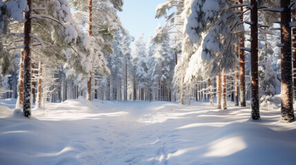 Snow-covered pine trees in a winter forest 