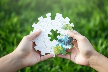 Hands holding white jigsaw with green globe glass earth on light pastel background