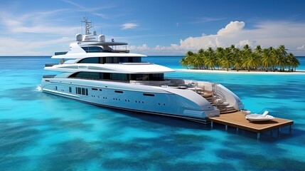 Luxury yacht, evening neon sunset, backlight. AI generation