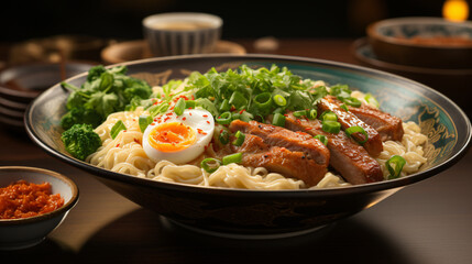 ramen bowl with meat and egg on pasta
