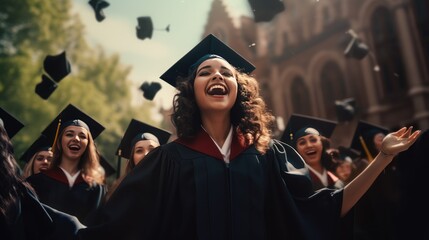 Obraz premium Multi-racial high school students graduating university smiling holding diploma, Generative AI