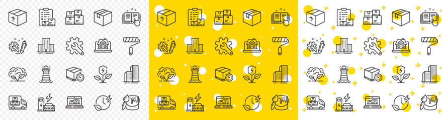 Outline Delivery truck, Inventory checklist and Co2 gas line icons pack for web with University campus, Lighthouse, Engineering line icon. Paint roller, Realtor. Yellow design with 3d stars. Vector