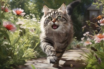 Naklejka na ściany i meble cat running in the garden