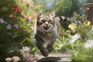 Naklejka na ściany i meble cat running in the garden