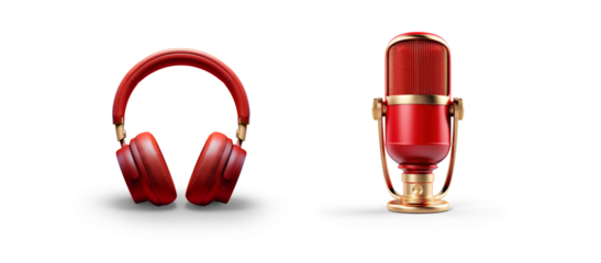 set of broadcast professional microphone and red headphones, generic design isolated cutout on transparent png background icons for listening to music or podcast and social media streamers concepts