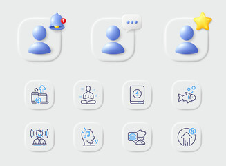 Brand, Voicemail and Yoga line icons. Placeholder with 3d star, reminder bell, chat. Pack of Chef, Seo devices, Loan percent icon. Fish, Power bank pictogram. For web app, printing. Vector