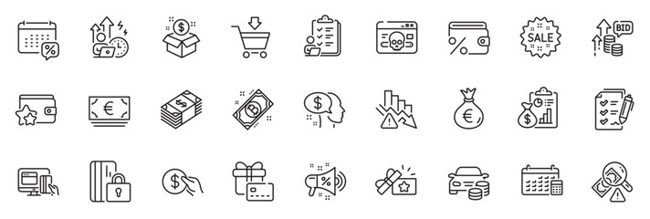 Icons pack as Payment, Online payment and Euro currency line icons for app include Report, Survey checklist, Buy car outline thin icon web set. Fraud, Calendar, Gift card pictogram. Vector