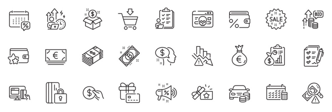 Icons pack as Payment, Online payment and Euro currency line icons for app include Report, Survey checklist, Buy car outline thin icon web set. Fraud, Calendar, Gift card pictogram. Vector