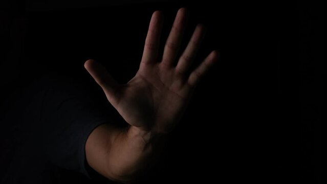 A hand with all five fingers extended, facing the camera, commonly used as a universal sign to request or command someone to halt