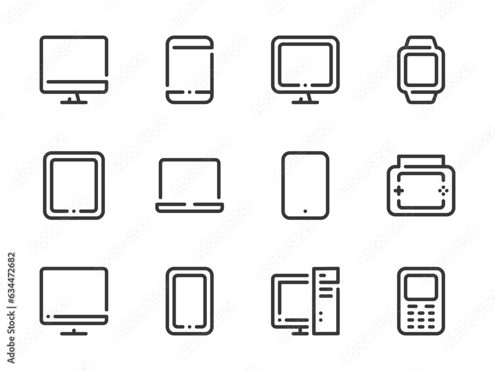 Poster gadgets and devices with display vector line icons. electronics outline icon set. computer, smartpho