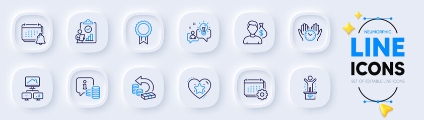 Salary, Cash back and Calendar line icons for web app. Pack of Notification, Work home, Winner podium pictogram icons. Safe time, Info, Inspect signs. Idea, Ranking star, Reward. Wages. Vector