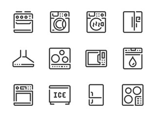 Household Appliances vector line icons. Appliances for Kitchen and Home outline icon set. Oven, Refrigerator, Stove, Microwave, Dishwasher, Washing Machine and more.