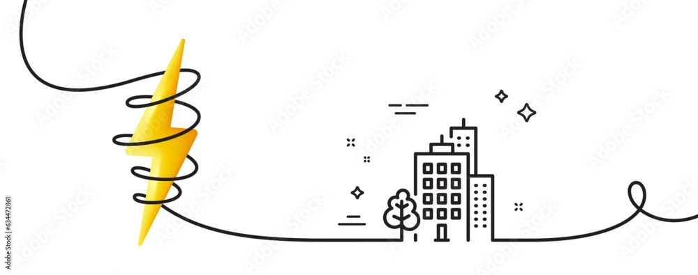 Poster buildings line icon. continuous one line with curl. city architecture with tree sign. skyscraper bui
