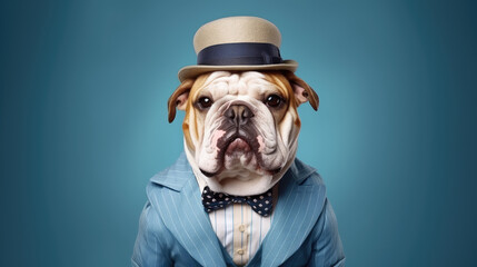 Fashionable Anthropomorphic Bulldog with Hat and Stylish Suit on Blue background