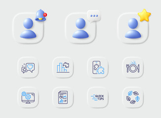 Settings, Organic tested and Decreasing graph line icons. Placeholder with 3d star, reminder bell, chat. Pack of Education, Report document, Heart icon. Phone puzzle, Food pictogram. Vector