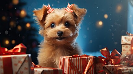  little dog with christmas gifts merry christmas - obrazy, fototapety, plakaty