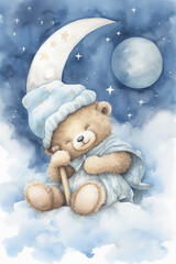 Teddy bear sleeping on a cloud with the Crescent moon