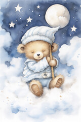 Teddy bear sleeping on a cloud with the Crescent moon