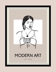 Woman portrait vector illustration. Art for postcards, wall art, banner, background, branding.