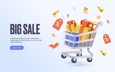 Big Sale banner 3D design. Online shopping advertisement, banner. Full shopping cart with products and presents. Concept of great discount. Black friday anniversary website design. 3D vector render - Powered by Adobe