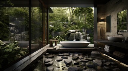 Interior of luxury bathroom and nature. AI generation