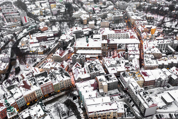 Panoramic aerial view of winter town covered with snow, Klodzko, Poland