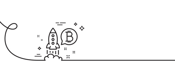Bitcoin line icon. Continuous one line with curl. Cryptocurrency startup sign. Crypto rocket symbol. Bitcoin project single outline ribbon. Loop curve pattern. Vector