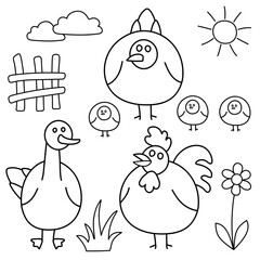 Farm animals: hen, chickens, goose, rooster and environmental elements. White icons with black outline. Cartoon vector illustration for coloring book.