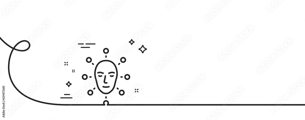 Poster face biometrics line icon. continuous one line with curl. facial recognition sign. head scanning sym