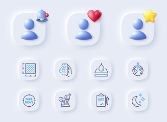 Fake news, Clipboard and Pandemic vaccine line icons. Placeholder with 3d bell, star, heart. Pack of Waterproof, Fitness, Microscope icon. Moon, Square meter pictogram. For web app, printing. Vector