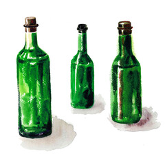 Green, glass bottles on a white background, sketch. Watercolour. The work is done in watercolor style.