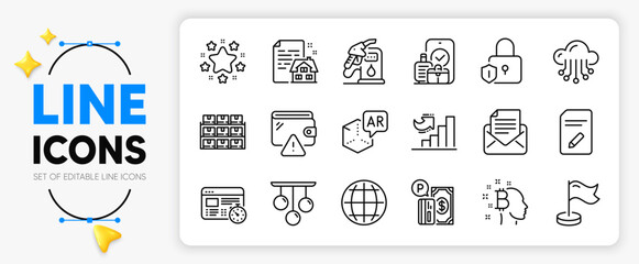 Globe, Parking payment and Augmented reality line icons set for app include Edit document, Stars, Petrol station outline thin icon. Cloud storage, Boxes shelf, Growth chart pictogram icon. Vector