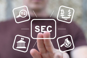 Man using virtual touch screen presses acronym: SEC. Concept of Security Exchange Committee (SEC)....