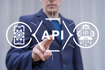 Man using virtual touch screen presses acronym: API. Business, internet and technology concept of "API" interface.