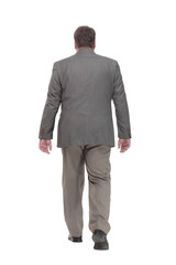 full-length. casual man in a grey jacket striding forward.