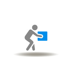 Vector illustration of worker or person picks up or puts down box. Symbol of manual handling. Icon of loader work.