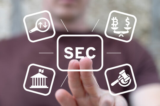 Man using virtual touch screen presses acronym: SEC. Concept of Security Exchange Committee (SEC). SEC exercises control of Exchange Traded Fund (ETF).