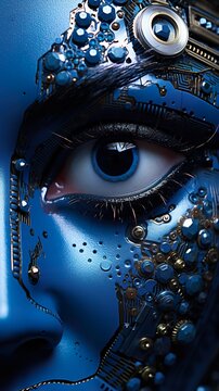 blue female futuristic face, alien or goddess, robotic cyborg concept, generative AI