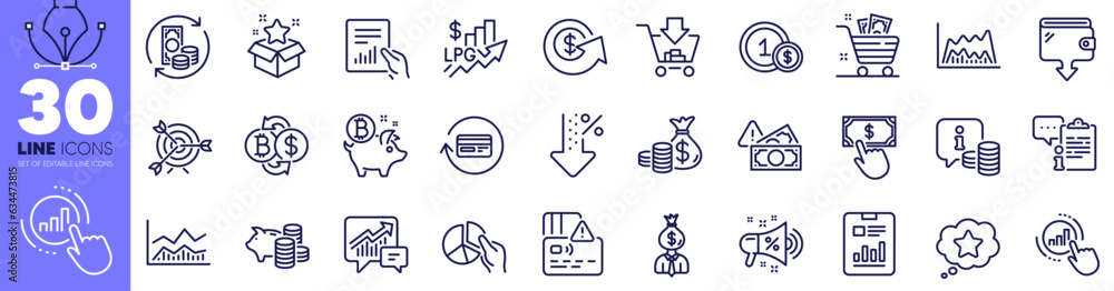 Poster graph chart, payment click and document line icons pack. report document, card, manager web icon. do
