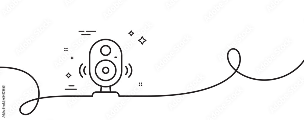 Poster Speaker line icon. Continuous one line with curl. Computer component sign. Sound symbol. Speaker single outline ribbon. Loop curve pattern. Vector