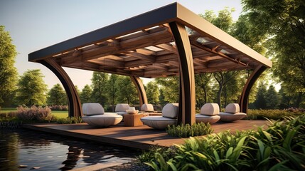 Wooden gazebo for a country house in nature. AI generation
