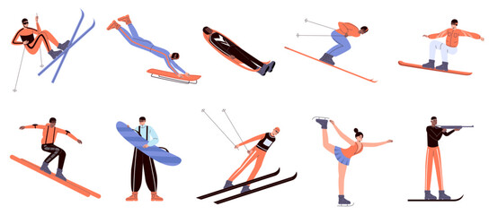 Fototapeta na wymiar People engaged in winter sport games. Professional athlete characters. Cartoon skiers or biathletes. Figure skaters. Olympic championship. Extreme race. Vector isolated sportsmen set