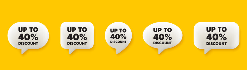 Up to 40 percent discount. 3d chat speech bubbles set. Sale offer price sign. Special offer symbol. Save 40 percentages. Discount tag talk speech message. Talk box infographics. Vector