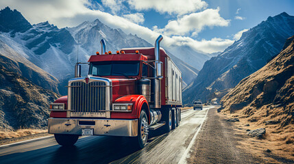  truck on street driving through mountain landscapes 