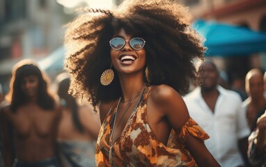 Beautiful, young African woman happy, having fun celebrating victory, expressing great success, energy and positive emotions in motion. Celebrates a new job, outdoors.