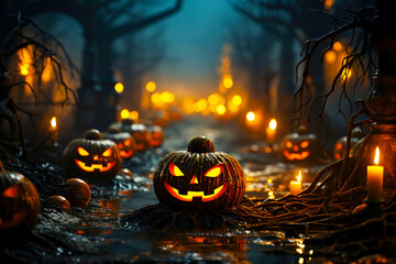 Halloween background. Glowing pumpkin lanterns in spooky damp night forest with bokeh lights and candles.