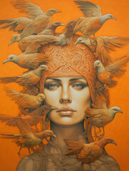 Mystical Poster with a girl in orange tones. Generative AI